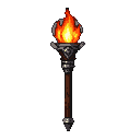 A fantasy torch with a flickering flame, dark ornate metal holder, and wooden shaft, casting a warm glow.