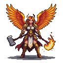 Warrior angel with flaming orange and yellow wings, holding a hammer and a ball of flame.