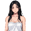 Young woman with long, dark, wet hair wrapped in a white towel, looking thoughtfully forward.