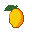A yellow and orange mango with a dark green leaf.