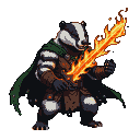 Stoic badger warrior in rugged armor and dark green cloak, wielding a vibrant, flaming sword.