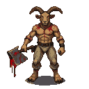 Humanoid goat creature with large horns, muscular tan body streaked with blood, gripping a bloody axe.