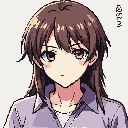 Young woman with messy brown shoulder-length hair, large expressive eyes, and flushed cheeks, wearing a lavender collared shirt.