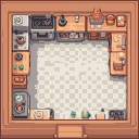 Top-down view of a pixelated kitchen with a checkered floor, wooden countertops, a stove with pots, and a kettle.