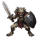 Skeletal warrior with glowing red eyes, holding a sword and shield, wearing a tattered crimson cloth.