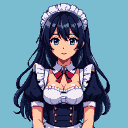 Young anime-style woman with long dark hair and blue eyes, wearing a maid costume with a ruffled white apron, dark blue dress, and red bow.