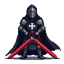 Templar knight in dark tunic with white cross, wearing gleaming armor and a closed helmet, hands resting on the crossguard of two crossed red swords.