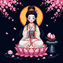 A serene figure in flowing white and blue robes meditates on a large pink lotus blossom, with a golden halo behind them. Scattered cherry blossoms drift in the dark background. A small lotus bud rests on a pedestal to the right.