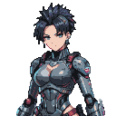 Anime cyborg woman with dark spiky mohawk, intense blue eyes, and detailed dark grey cybernetic armor with red and blue highlights.
