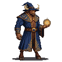 Minotaur in a blue robe with golden patterns, wearing a wizard's hat, holding a glowing orb.
