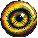 A close-up eye with a pixelated emerald green and gold iris, a black pupil, and a warm yellow and orange sclera.