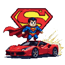 Superman stands triumphantly on a red Ferrari, with a large red and yellow "S" shield behind him.
