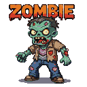 A grotesque, green-skinned zombie with a gaping mouth, jagged teeth, and vacant, malicious eyes. It wears tattered brown jacket, ripped pink shirt, and blue jeans, with visible wounds and bloodstains. Fiery "ZOMBIE" text drips above.