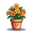 Terracotta pot with a smiling face holding a bouquet of golden-orange flowers and green leaves.