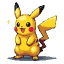 Pikachu with a wide smile and tongue out, red cheek pouches, perked ears, and a lightning-bolt tail. A small glowing yellow pixel floats nearby.