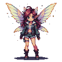 Young pixie with large, iridescent wings, auburn hair, pointed ears, and modern clothing including an open jacket, shorts, and boots.
