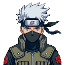 A pixelated portrait of a character with spiky white hair, a dark mask covering the lower half of his face, and a piercing blue visible eye. He wears a green flak jacket over a dark outfit and a Konoha symbol forehead protector.