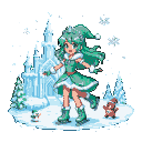 Princess Mentha with long green hair and a green and white outfit skates joyfully across a frozen landscape with an ice palace, snow-covered trees, scattered snowflakes, a penguin, and a creature with a Santa hat.