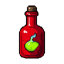 A red glass bottle with a cork stopper contains a glowing chartreuse potion with a wispy trail of blue liquid.