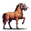 A horse with a rat's head, baring sharp teeth in a snarl, stands with a menacing gaze. Its equine body is earthy-toned, contrasting with its grey, angular rat skull.