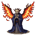 Skeletal figure in a blue, gold-patterned robe with clasped hands in prayer, large fiery wings erupting from its back.