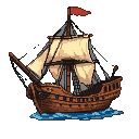 Majestic wooden pirate ship with billowing sails and a red flag on a tall mast, sailing through choppy blue water.