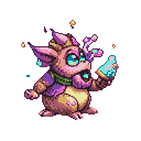 Whimsical pink creature with large cyan eyes, purple and yellow patches, and a green scarf, holding a sparkling light blue object, with golden sparks above its head.