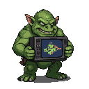 Green-skinned troll with sharp teeth and a mischievous grin holds a vintage television displaying a pixelated retro spaceship.