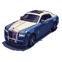 A two-toned blue and cream Rolls-Royce rendered in pixel art against a black background.