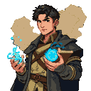 Young male strategist mage with short dark hair, wearing light travel armor with arcane symbols and a long coat, holding ancient scrolls and a glowing blue rune with ethereal particles.