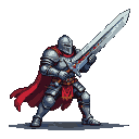 Knight in full medieval armor gripping a colossal runic sword, crimson cape billowing.