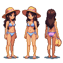 Young woman in a light blue bikini and straw hat, shown from three angles: three-quarter left, front, and three-quarter right. She carries a small yellow bag.
