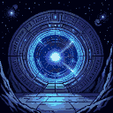 A colossal, circular stargate with alien symbols, framing a pulsing vortex of brilliant blue light. Steps lead up to the portal, bathed in its glow, against a deep blue and purple star-studded expanse.