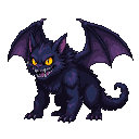 A four-legged creature with dark, purple-sheened fur, bat-like wings, and two pairs of piercing yellow eyes.