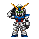 Compact humanoid mecha mascot in white, blue, and red armor, saluting crisply with a V-crest on its head and green eyes.