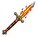 A sword with a blade engulfed in vibrant, crackling flames. The hilt and crossguard are metallic gray and orange, and the handle has segmented fiery orange and dark gray bands.