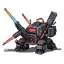 Heavily armored combat automaton with a massive forward-angled laser cannon emitting a blue and yellow beam, and smaller red laser emitters.