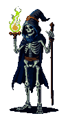 A skeletal figure in a dark blue hooded cloak conjures a swirling green flame in one hand and grips a gnarled staff in the other.