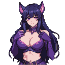 A succubus with pointed ears and flowing dark purple hair, wearing a revealing glossy purple outfit, gazes forward with alluring eyes.