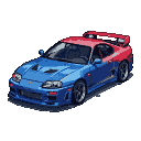Blue and red Supra MK4 sports car from a three-quarter front angle, with a prominent rear spoiler.