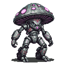 A mushroom-themed mech with a domed cap head, glowing pink spots, pixelated eyes, and a snout. Its segmented limbs are dark gray with pink accents.