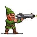 Fierce gnome with red beard, wearing a green tunic and pointed hat, aims a futuristic rocket launcher with a yellow energy blast.