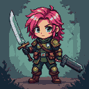 Young warrior with pink hair, wielding two swords, wearing dark green military armor with gold accents.