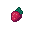 A plump strawberry with dark green leaves, rendered in pixel art with red, purple, and pink tones, against a black background.