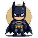 Stylized chibi Batman in black suit with yellow bat symbol and utility belt, dark blue cowl, flowing cape, against a muted yellow circle backdrop.
