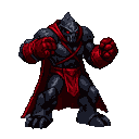 A hulking, dark rocky figure in a combat stance, with glowing red eyes, red fist wrappings, and a flowing crimson cape.