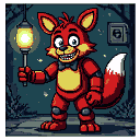 Anthropomorphic red fox with a wide grin, sharp teeth, and a black bowtie, holding a lit lantern. Dimly lit forest background with silhouetted trees.