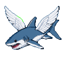 Majestic blue shark with white pigeon wings and sharp, pixelated teeth, mouth agape, staring forward.