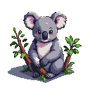 A plump koala with perked ears and pink blush sits on a branch, clutching a twig.