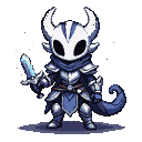 Stoic knight in gleaming armor with a flowing blue cape and scarf, holding an icy sword with ethereal particles.